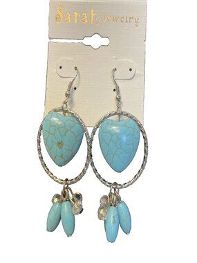 Sarah Jewelry 2.5" Faux Turquoise Heart Silver Tone Hoop Dangle Earrings Beaded